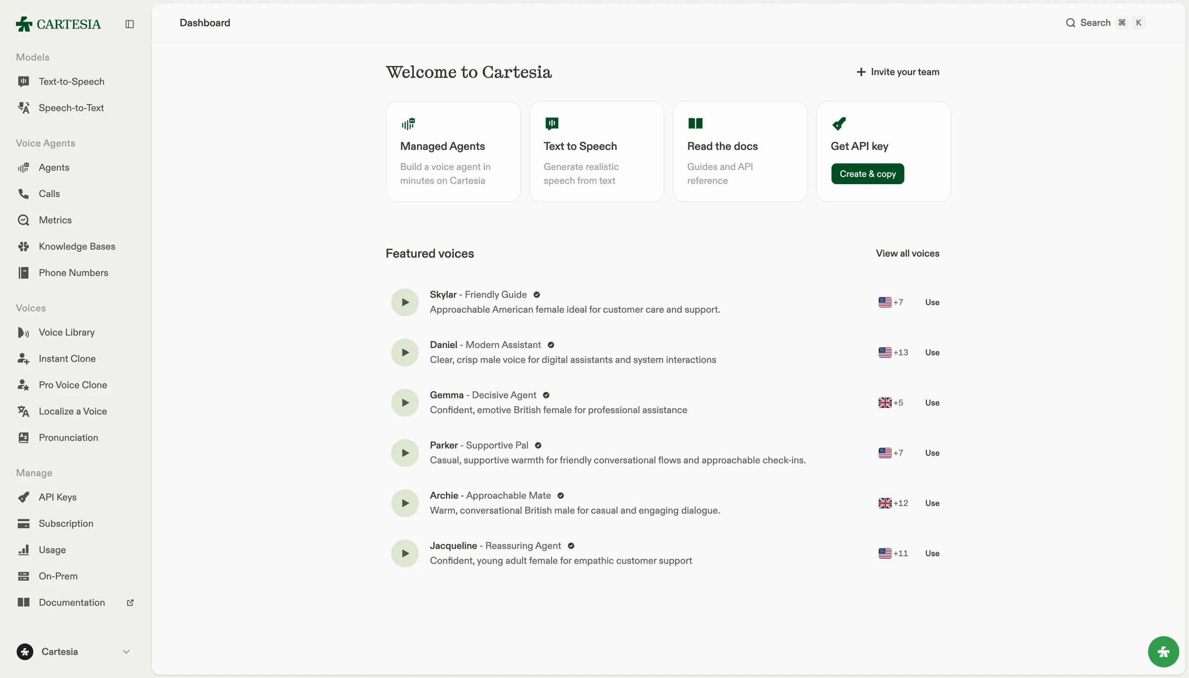 Cartesia dashboard with Managed Agents and text-to-speech shortcuts, featured voices, and API key access
