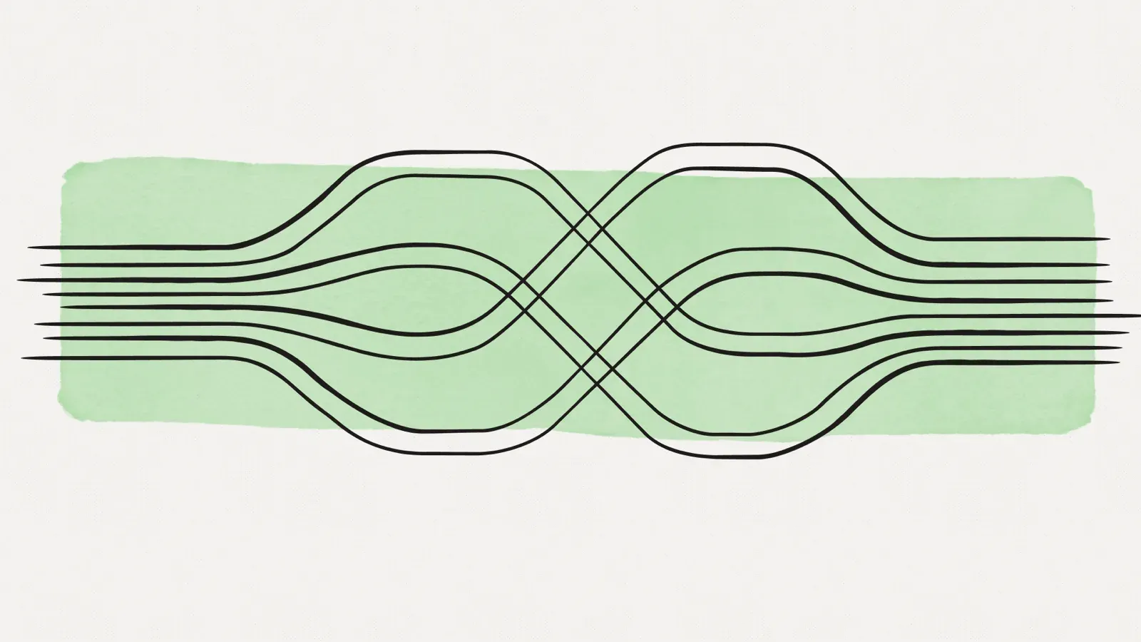 Parallel dark lines running left to right across a painted green band, weaving through a crossing at the centre before continuing