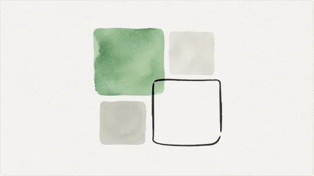 A 2x2 grid of squares: three watercolour washes in sage green and pale grey, and one drawn in black outline