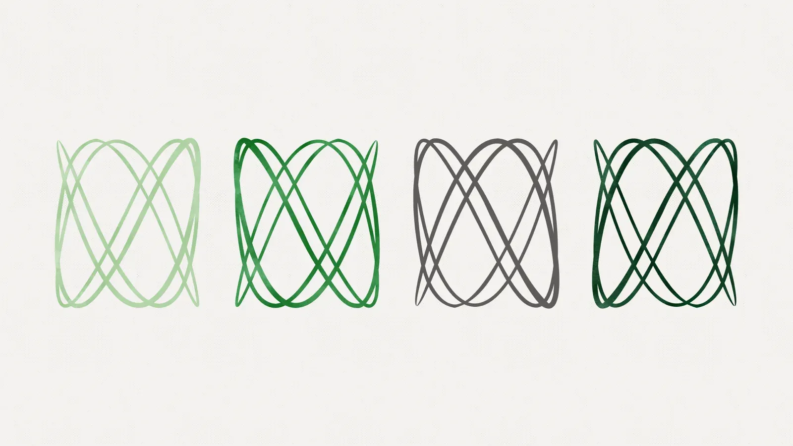 Four copies of the same looping line glyph in a row, drawn in pale green, mid green, grey and dark green
