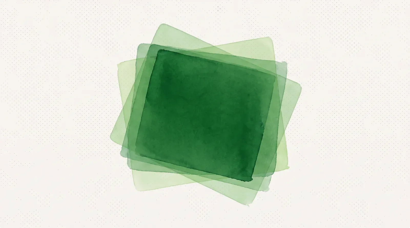 Several translucent green squares in watercolour, stacked at slight angles so their overlaps darken toward the centre