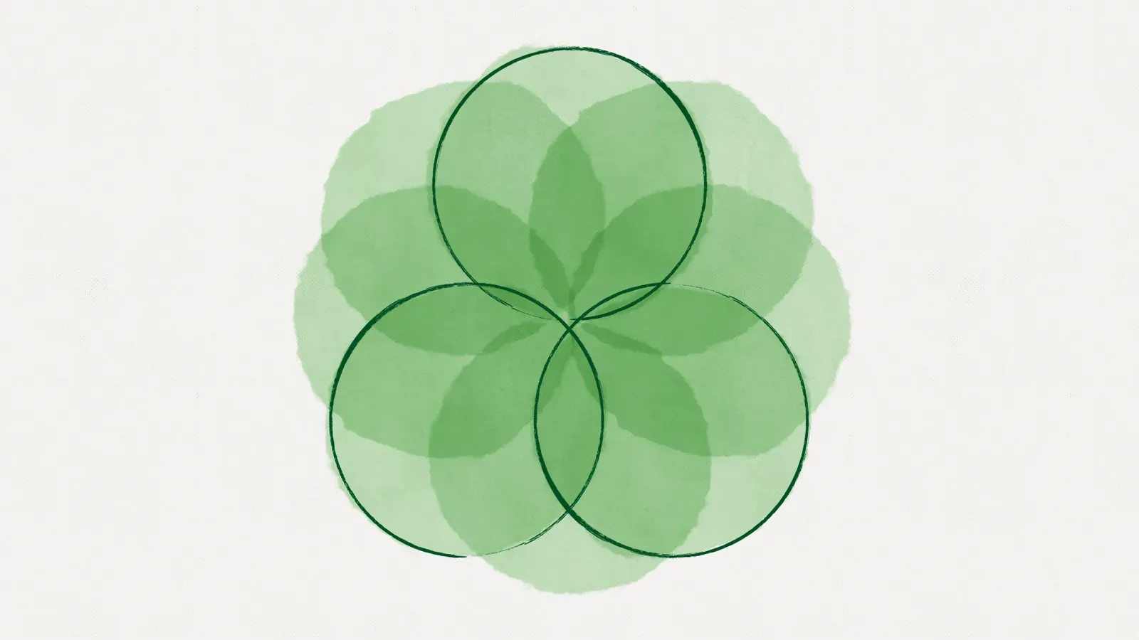 A rosette of overlapping translucent green petals, with three outlined circles crossing at its centre