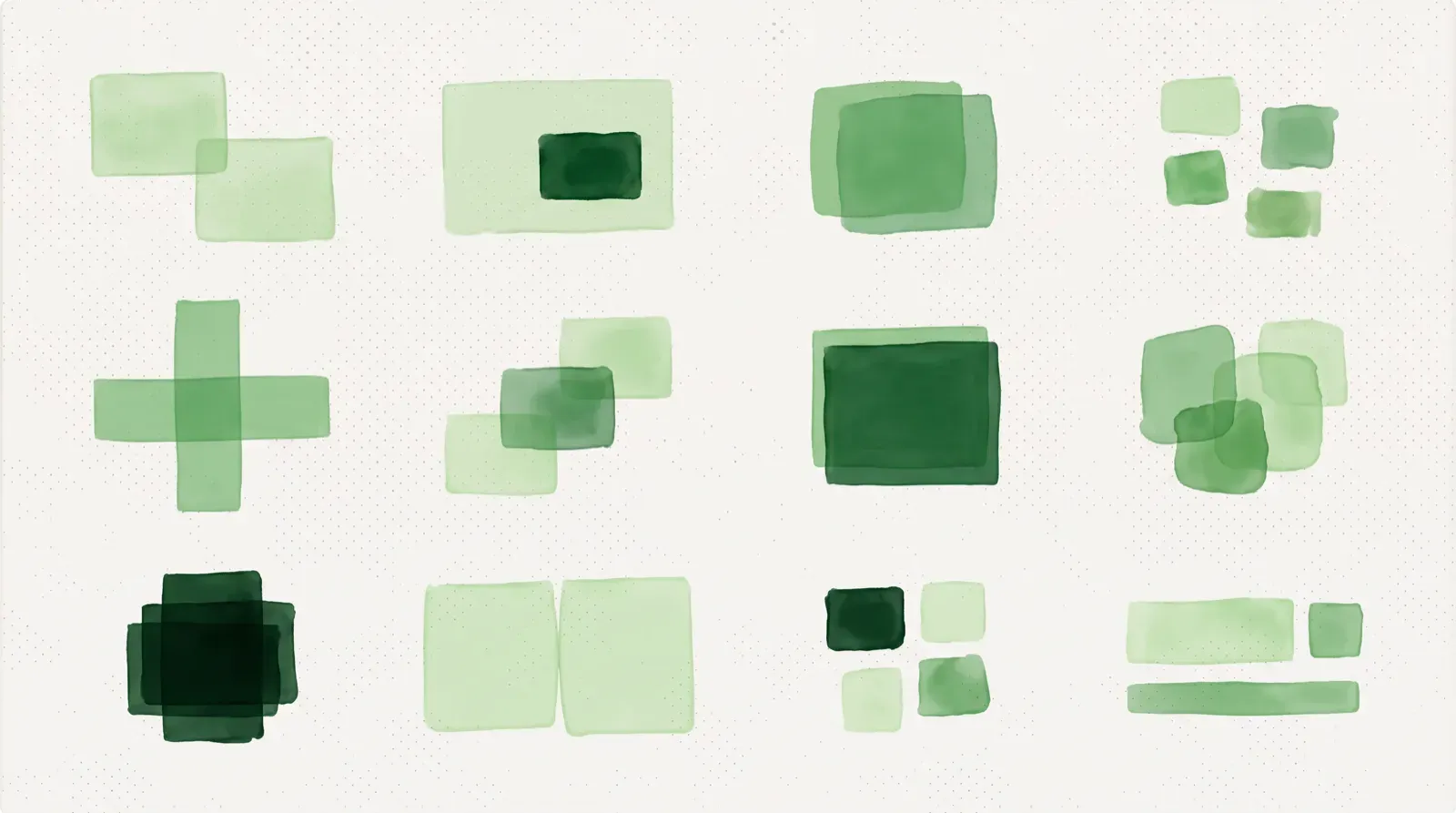 A grid of twelve watercolour studies in green, each arranging blocks into a different configuration