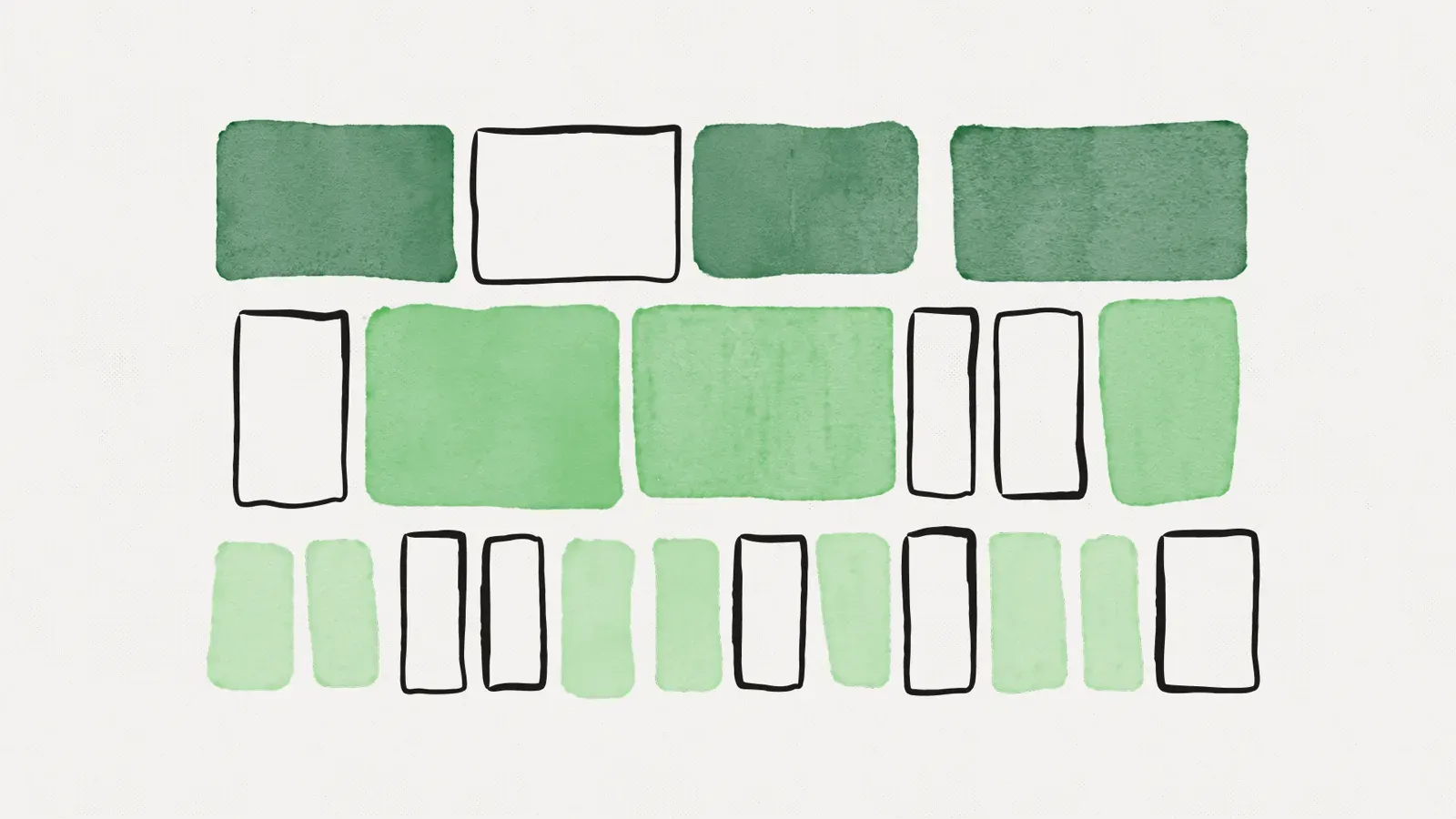 Three rows of blocks in green watercolour and hand-drawn outline, widest and darkest at the top and narrowest and palest at the bottom