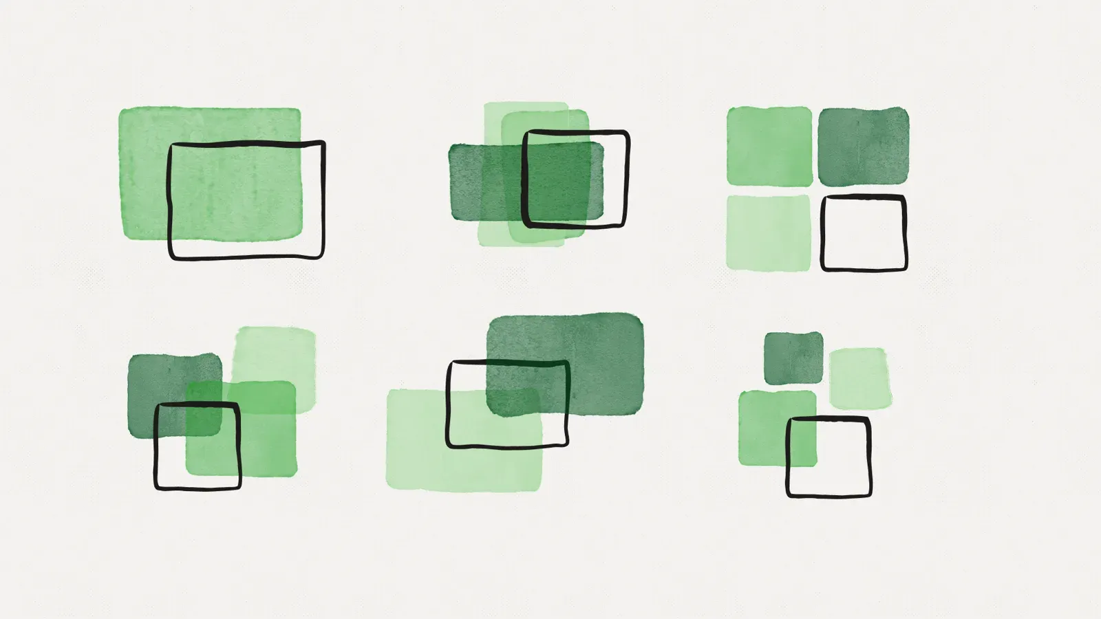 Six watercolour studies in green, each pairing painted blocks with a hand-drawn outlined rectangle in a different arrangement