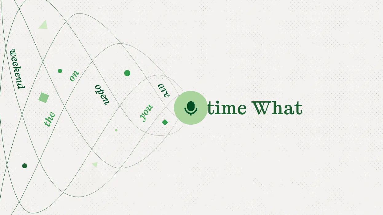 話し言葉の質問が一語ずつ渦を描いてマイクに入り、音声の文字起こしを表す図