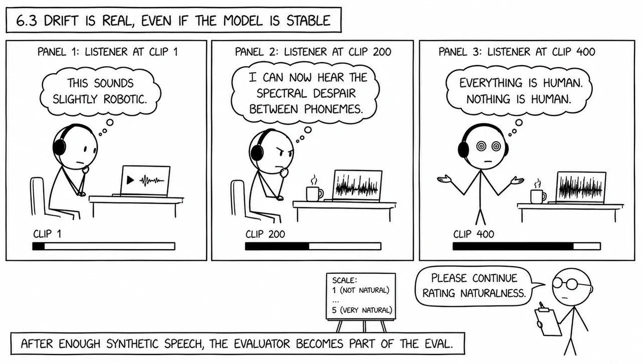 Three panels of the same annotator: at clip 1 “this sounds slightly robotic,” at clip 200 “I can now hear the spectral despair between phonemes,” at clip 400 “everything is human, nothing is human”