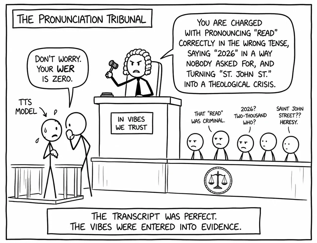 A TTS model on trial: its lawyer says “don’t worry, your WER is zero” while the judge charges it with pronouncing “read” correctly in the wrong tense, saying “2026” in a way nobody asked for, and turning “St. John St.” into a theological crisis