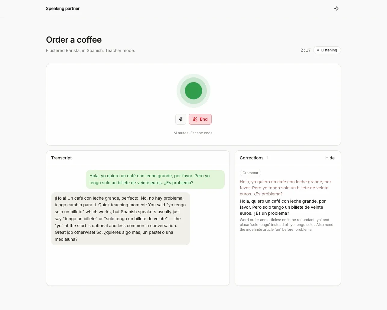Speaking partner during the Spanish coffee-shop scene, with corrections on. The barista answers the learner in Spanish, and the corrections panel shows a grammar card with the fixed sentence