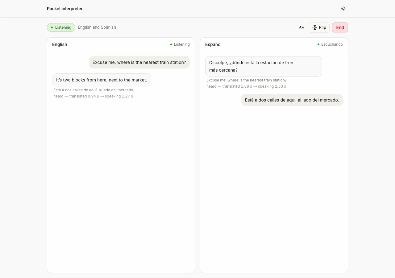 The desktop layout, English on the left and Spanish on the right, with the status, larger-text, Flip and End controls above