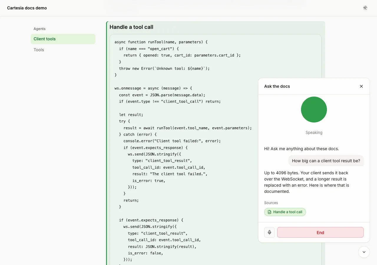 Demo docs site with two pages, Client tools and Tools, and the voice panel open. The visitor asked how big a client tool result can be, the agent answered up to 4096 bytes, and the section it cited is scrolled into view and tinted green