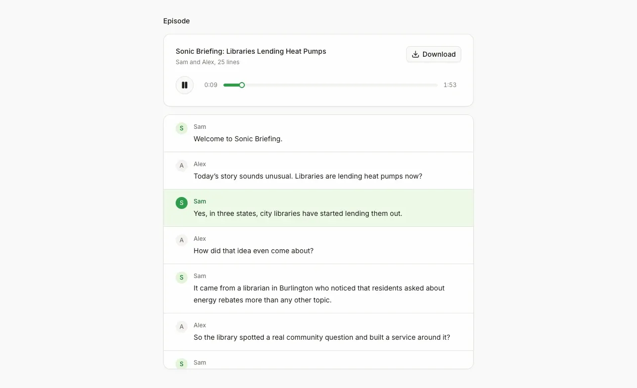 The finished episode Sonic Briefing: Libraries Lending Heat Pumps for a short article about libraries lending heat pumps: a player at 0:09 of 1:53 with a Download button, and the script below it with Sam's current line highlighted in green