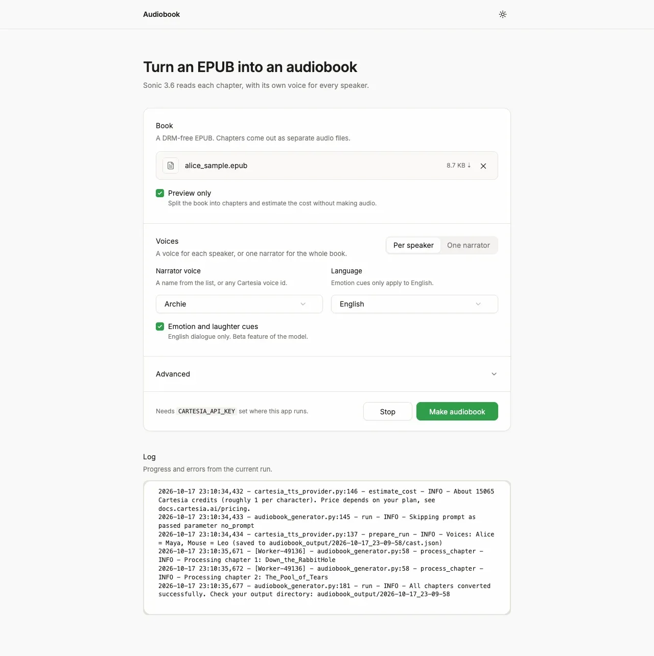 The Audiobook web app after a preview run of alice_sample.epub: Preview only is ticked, cast mode is Per speaker with Archie as narrator and English as the language, and the log reports about 15065 Cartesia credits, voices Alice = Maya and Mouse = Leo, and both chapters processed