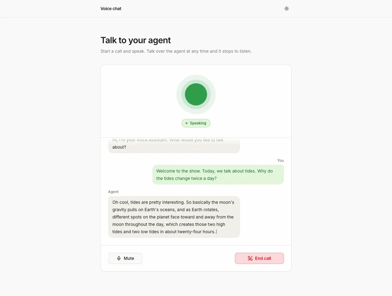 A live call: the agent greeted the user, the user asked why the tides change twice a day, and the agent's answer is streaming in under a green Speaking badge, with Mute and End call buttons below