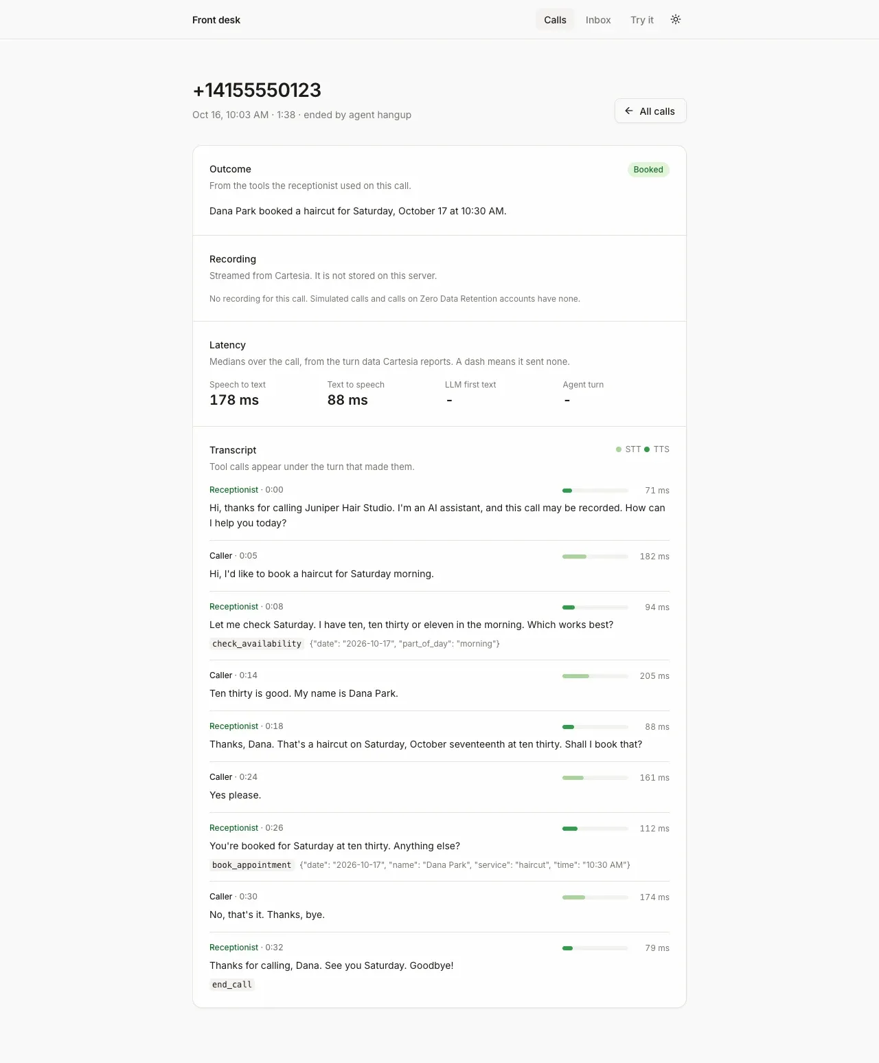 Call detail page in light mode: a simulated phone call from +14155550123 marked Booked, latency medians (speech to text 178 ms, text to speech 88 ms) and a transcript that opens with "I'm an AI assistant, and this call may be recorded", with check_availability and book_appointment tool calls inline
